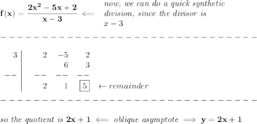 \bf f(x)=\cfrac{2x^2-5x+2}{x-3}\impliedby &#10;\begin{array}{llll}&#10;\textit{now, we can do a quick synthetic}\\&#10;\textit{division, since the divisor is}\\&#10;x-3&#10;\end{array}\\\\&#10;-------------------------------\\\\&#10;\begin{array}{r|rrrrl}&#10;3&&2&-5&2\\&#10;&&&6&3\\&#10;--&&--&--&--\\&#10;&&2&1&\boxed{5}&\leftarrow remainder&#10;\end{array}\\\\&#10;-------------------------------\\\\&#10;\textit{so the quotient is }2x+1\impliedby \textit{oblique asymptote}\implies y=2x+1