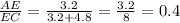 \frac{AE}{EC}=\frac{3.2}{3.2+4.8}=\frac{3.2}{8}=0.4
