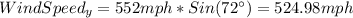 WindSpeed_{y}=552mph*Sin(72\° )=524.98mph