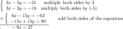 \left\{\begin{array}{ccc}2x-5y=-21&\text{multiply both sides by 3}\\3x-3y=-18&\text{multiply both sides by (-5)}\end{array}\right\\\\\underline{+\left\{\begin{array}{ccc}6x-15y=-63\\-15x+15y=90\end{array}\right}\qquad\text{add both sides of the equations}\\.\qquad-9x=27