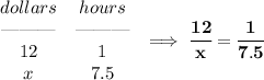 \bf \begin{array}{ccllll}&#10;dollars&hours\\&#10;\text{\textemdash\textemdash\textemdash}&\text{\textemdash\textemdash\textemdash}\\&#10;12&1\\&#10;x&7.5&#10;\end{array}\implies \cfrac{12}{x}=\cfrac{1}{7.5}