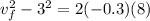 v_f^2 - 3^2 = 2(-0.3)(8)