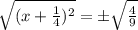 \sqrt{(x+\frac{1}{4})^2}=\pm\sqrt{\frac{4}{9}}