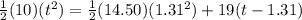 \frac{1}{2}(10)(t^2) = \frac{1}{2}(14.50)(1.31^2) + 19(t - 1.31)