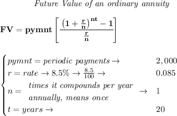 \bf \qquad \qquad \textit{Future Value of an ordinary annuity}&#10;\\\\&#10;FV=pymnt\left[ \cfrac{\left( 1+\frac{r}{n} \right)^{nt}-1}{\frac{r}{n}} \right]&#10;\\\\\\&#10;\qquad &#10;\begin{cases}&#10;pymnt=\textit{periodic payments}\to &2,000\\&#10;r=rate\to 8.5\%\to \frac{8.5}{100}\to &0.085\\&#10;n=&#10;\begin{array}{llll}&#10;\textit{times it compounds per year}\\&#10;\textit{annually, means once}&#10;\end{array}\to &1\\&#10;&#10;t=years\to &20&#10;\end{cases}