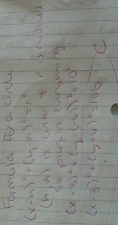 Which equation is the equation of a 10 cm radius circle with its center at begin ordered pair (3, -6