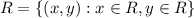 R=\{(x,y):x\in R,y\in R\}