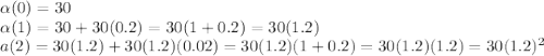 \alpha (0)=30\\\alpha (1)=30 +30(0.2)=30(1+0.2)=30(1.2)\\a(2)=30(1.2) +30(1.2)(0.02)=30(1.2)(1+0.2)=30(1.2)(1.2)=30(1.2)^2