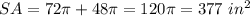 SA=72\pi+48\pi=120\pi=377\ in^{2}