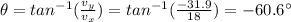 \theta=tan^{-1}(\frac{v_y}{v_x})=tan^{-1}(\frac{-31.9}{18})=-60.6^{\circ}