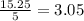 \frac{15.25}{5}=3.05