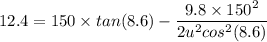 12.4 = 150\times tan (8.6) - \dfrac{9.8\times 150^2}{2u^2cos^2(8.6)}