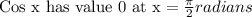 \text{Cos x has value 0 at x}=\frac{\pi}{2}radians
