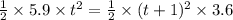 \frac{1}{2}\times 5.9\times t^2=\frac{1}{2}\times (t+1)^2\times 3.6