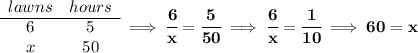 \bf \begin{array}{ccll} lawns&hours\\ \cline{1-2} 6&5\\ x&50 \end{array}\implies \cfrac{6}{x}=\cfrac{5}{50}\implies \cfrac{6}{x}=\cfrac{1}{10}\implies 60 = x