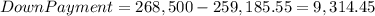 DownPayment=268,500-259,185.55= 9,314.45