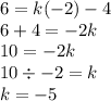 6 = k( - 2) - 4 \\ 6 + 4 =  - 2k \\ 10 =  - 2k \\ 10 \div  - 2 = k \\ k =  - 5