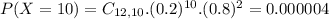 P(X = 10) = C_{12,10}.(0.2)^{10}.(0.8)^{2} = 0.000004