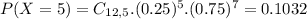 P(X = 5) = C_{12,5}.(0.25)^{5}.(0.75)^{7} = 0.1032