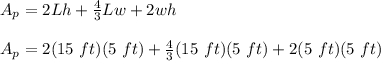 A_p = 2Lh + \frac{4}{3}Lw + 2wh\\\\A_p = 2 (15\ ft)(5\ ft) + \frac{4}{3}(15\ ft)(5\ ft) + 2(5\ ft)(5\ ft)