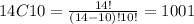 14C10= \frac{14!}{(14-10)!10!} = 1001