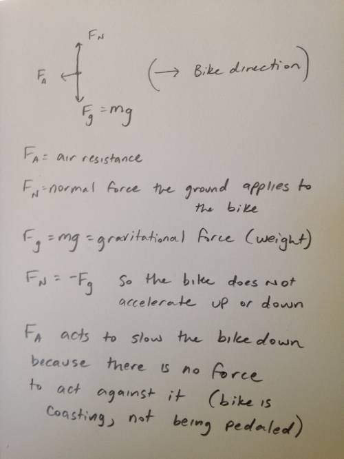 Diagram showing forces acting on a coasting bike traveling 25 km/h on a flatter surface