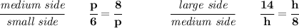 \bf \cfrac{\textit{medium side}}{\textit{small side}}\qquad \cfrac{p}{6}=\cfrac{8}{p}\qquad \qquad \cfrac{\textit{large side}}{\textit{medium side}}\qquad \cfrac{14}{h}=\cfrac{h}{8}