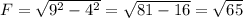 F=\sqrt{9^2-4^2}=\sqrt{81-16}=\sqrt{65}