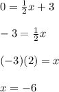 0=\frac{1}{2}x+3\\\\-3=\frac{1}{2}x\\\\(-3)(2)=x\\\\x=-6