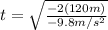 t=\sqrt{\frac{-2 (120 m)}{-9.8m/s^{2}}}