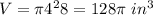 V=\pi 4^{2} 8=128 \pi\ in^{3}