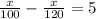 \frac{x}{100}-\frac{x}{120}=5