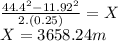 \frac {44.4^{2}-11.92^2}{2.(0.25)} =X\\X=3658.24m