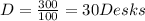 D=\frac{300}{100} =30Desks