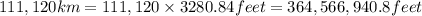 111,120 km= 111,120\times 3280.84 feet=364,566,940.8 feet