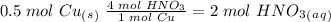 0.5\hspace{0.1cm}mol\hspace{0.1cm}Cu_(_s_)\hspace{0.1cm}\frac{4\hspace{0.1cm}mol\hspace{0.1cm}HNO_3}{1\hspace{0.1cm}mol\hspace{0.1cm}Cu} = 2\hspace{0.1cm}mol\hspace{0.1cm}HNO_3_(_a_q_)