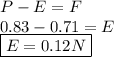 P-E=F \\ 0.83-0.71=E \\ \boxed {E=0.12N}