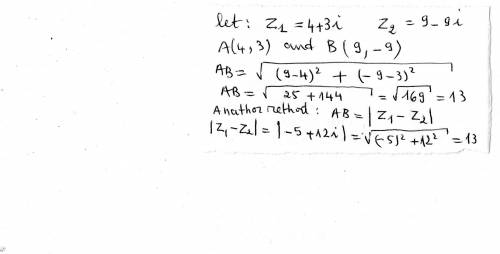 Find the distance between the points below. 4 + 3i and 9 – 9i