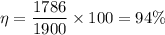 \eta=\dfrac{1786}{1900}\times 100=94\%