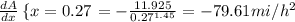 \frac{dA}{dx} \left \{  {x=0.27}} \right. =-\frac{11.925}{0.27^{1.45} }  =-79.61mi/h^2