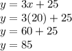 y=3x+25\\y=3(20)+25\\y=60+25\\y=85