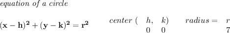 \bf \textit{equation of a circle}\\\\ &#10;(x-{{ h}})^2+(y-{{ k}})^2={{ r}}^2&#10;\qquad &#10;\begin{array}{lllll}&#10;center\ (&{{ h}},&{{ k}})\qquad &#10;radius=&{{ r}}\\&#10;&0&0&7&#10;\end{array}