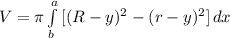 V=\pi\int\limits^a_b {[(R-y)^2-(r-y)^2]} \, dx