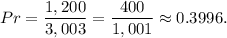 Pr=\dfrac{1,200}{3,003}=\dfrac{400}{1,001}\approx 0.3996.