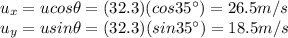 u_x = u cos \theta = (32.3)(cos 35^{\circ})=26.5 m/s\\u_y = u sin \theta = (32.3)(sin 35^{\circ})=18.5 m/s