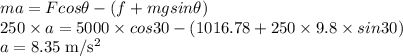 m  a=Fcos\theta-(f+mgsin\theta)\\250 \times  a=5000 \times cos30-(1016.78+250 \times 9.8 \times sin30)\\a=8.35 \;\rm m/s^{2}