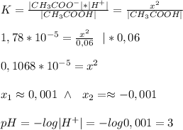 K=\frac{|CH_{3}COO^{-}|*|H^{+}|}{|CH_{3}COOH|}=\frac{x^{2}}{|CH_{3}COOH|}\\\\&#10;1,78*10^{-5}=\frac{x^{2}}{0,06} \ \ |*0,06\\\\&#10;0,1068*10^{-5}=x^{2}\\\\&#10;x_{1}\approx0,001 \ \land \ \ x_{2}=\approx-0,001\\\\&#10;pH=-log|H^{+}|=-log0,001=3
