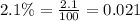 2.1\%=\frac{2.1}{100}=0.021