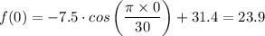 \displaystyle f(0) = -7.5 \cdot cos \left(\frac{\pi \times 0}{30} \right) + 31.4 =23.9