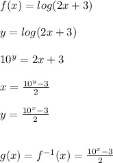 f(x)=log(2x+3)\\\\y=log(2x+3)\\\\10^{y}=2x+3\\\\x=\frac{10^{y}-3}{2}\\\\y=\frac{10^{x}-3}{2}\\\\\\g(x)=f^{-1}(x)=\frac{10^{x}-3}{2}